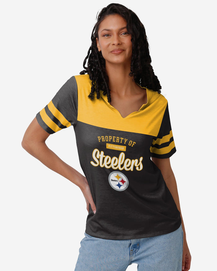 Pittsburgh Steelers Womens Team Stripe Property Of V-Neck T-Shirt FOCO S - FOCO.com