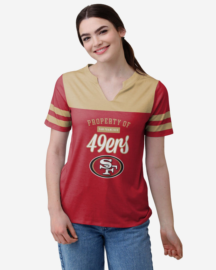 San Francisco 49ers Womens Team Stripe Property Of V-Neck T-Shirt FOCO S - FOCO.com
