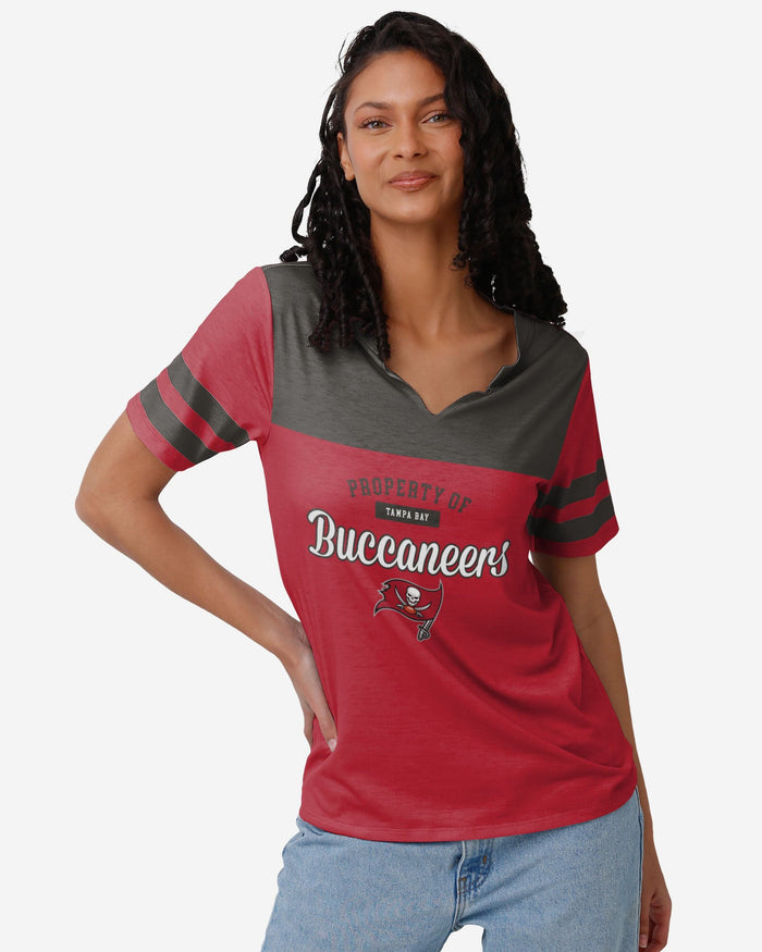 Tampa Bay Buccaneers Womens Team Stripe Property Of V-Neck T-Shirt FOCO S - FOCO.com